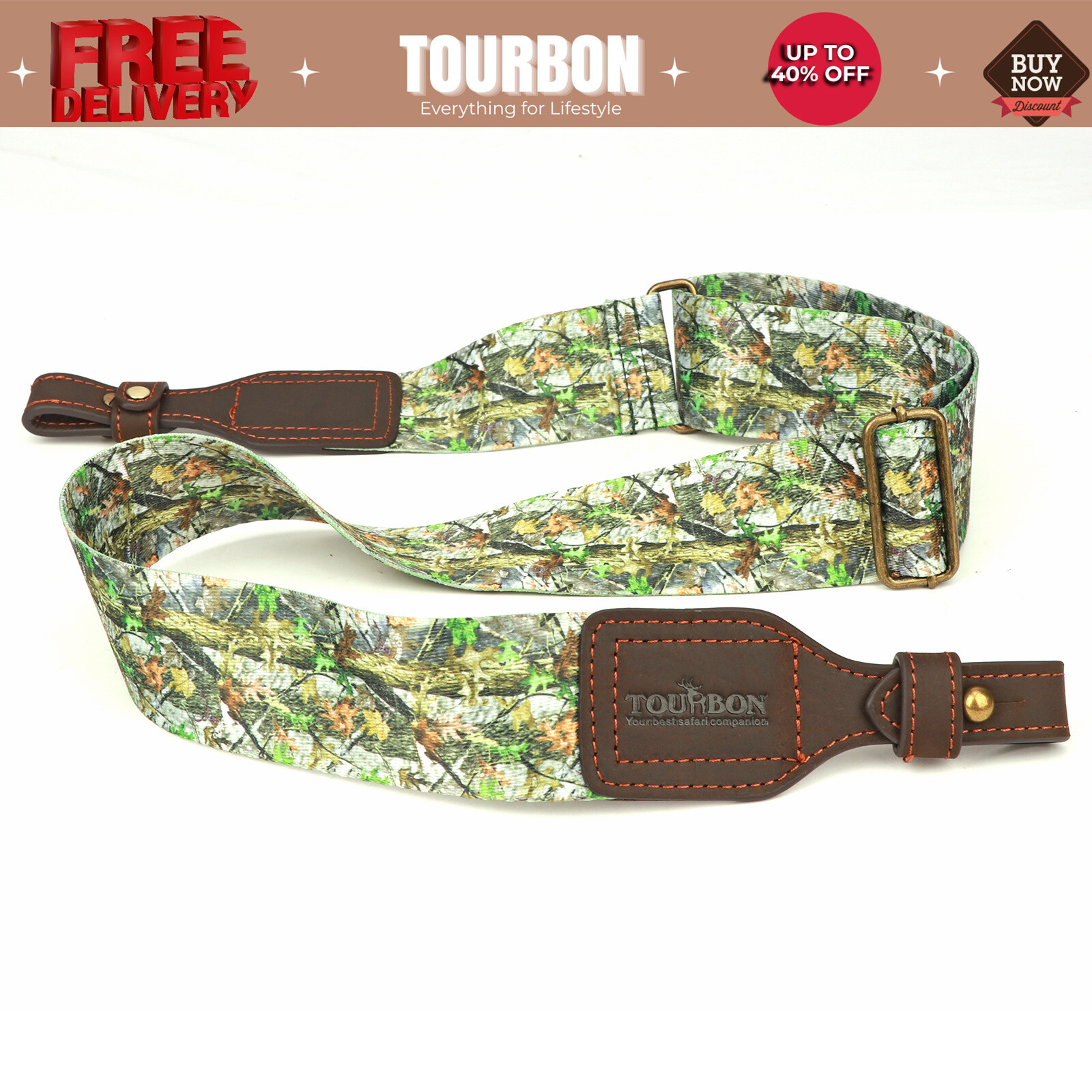 Tourbon Rifle/Shotgun Sling Webbing Strap Leather Buckle Adjustable Carry- Camo