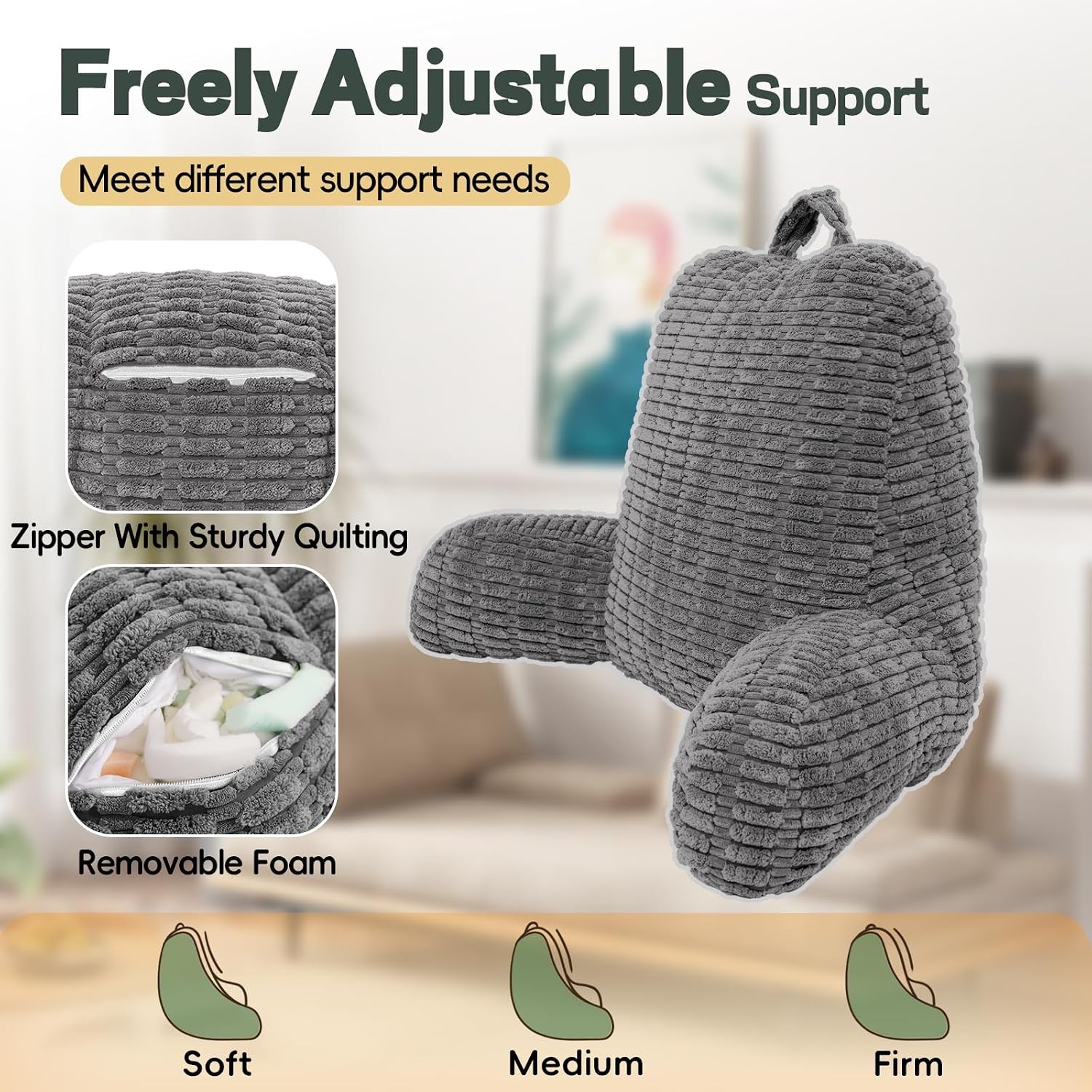 21 Inch Large Reading Pillow Memory Foam Back Support With Arm Rest Gray