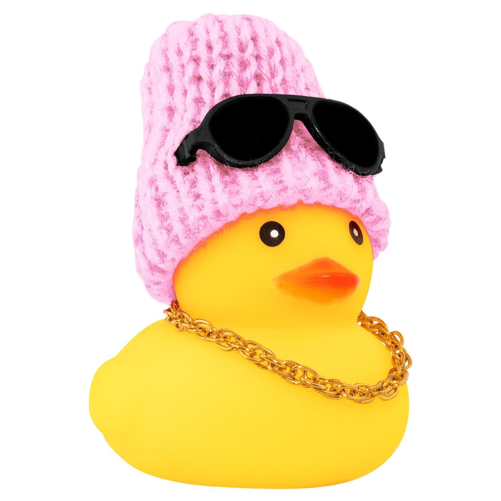 wonuu Car Rubber Duck, Yellow Duck 2.36 inches, B-duck-pink Knit Hat