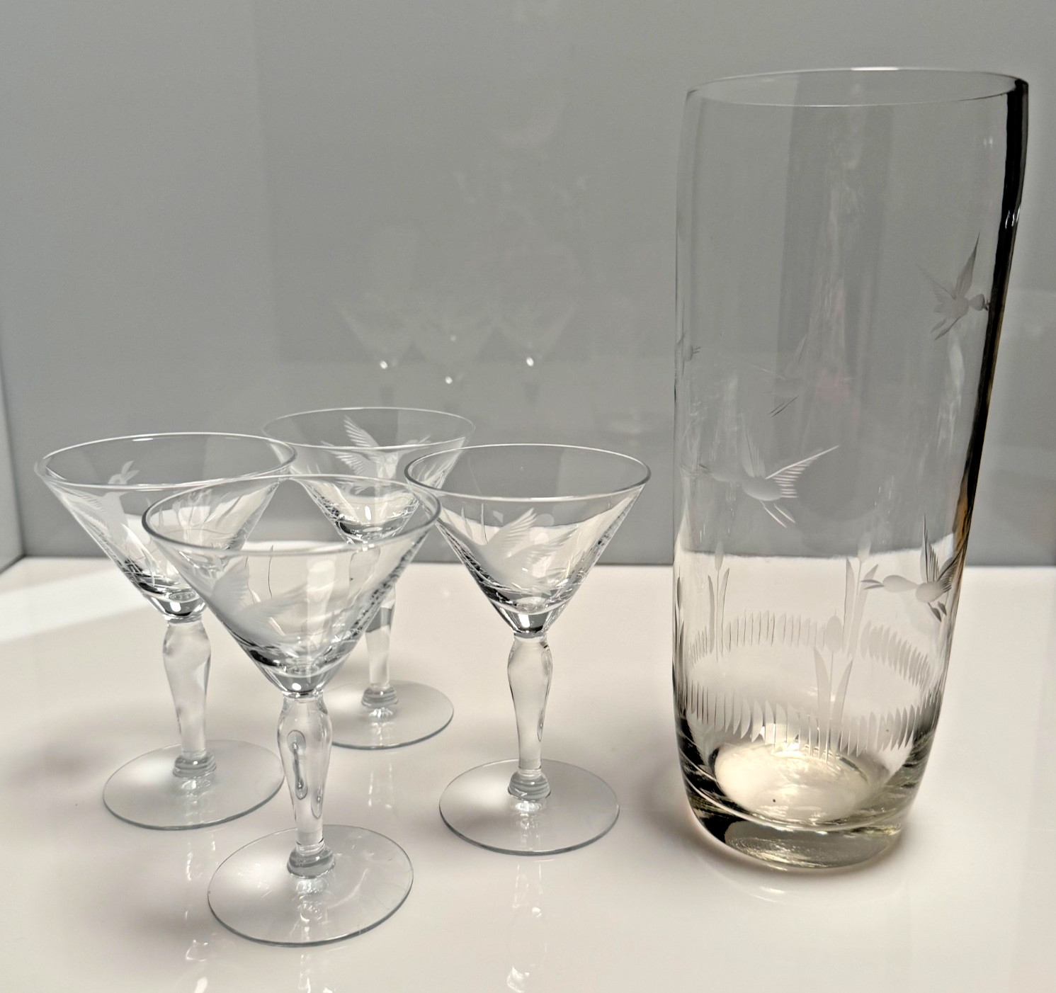 Vintage Five Piece Etched Glass Martini Set with Elegant MCM Flying Geese Design