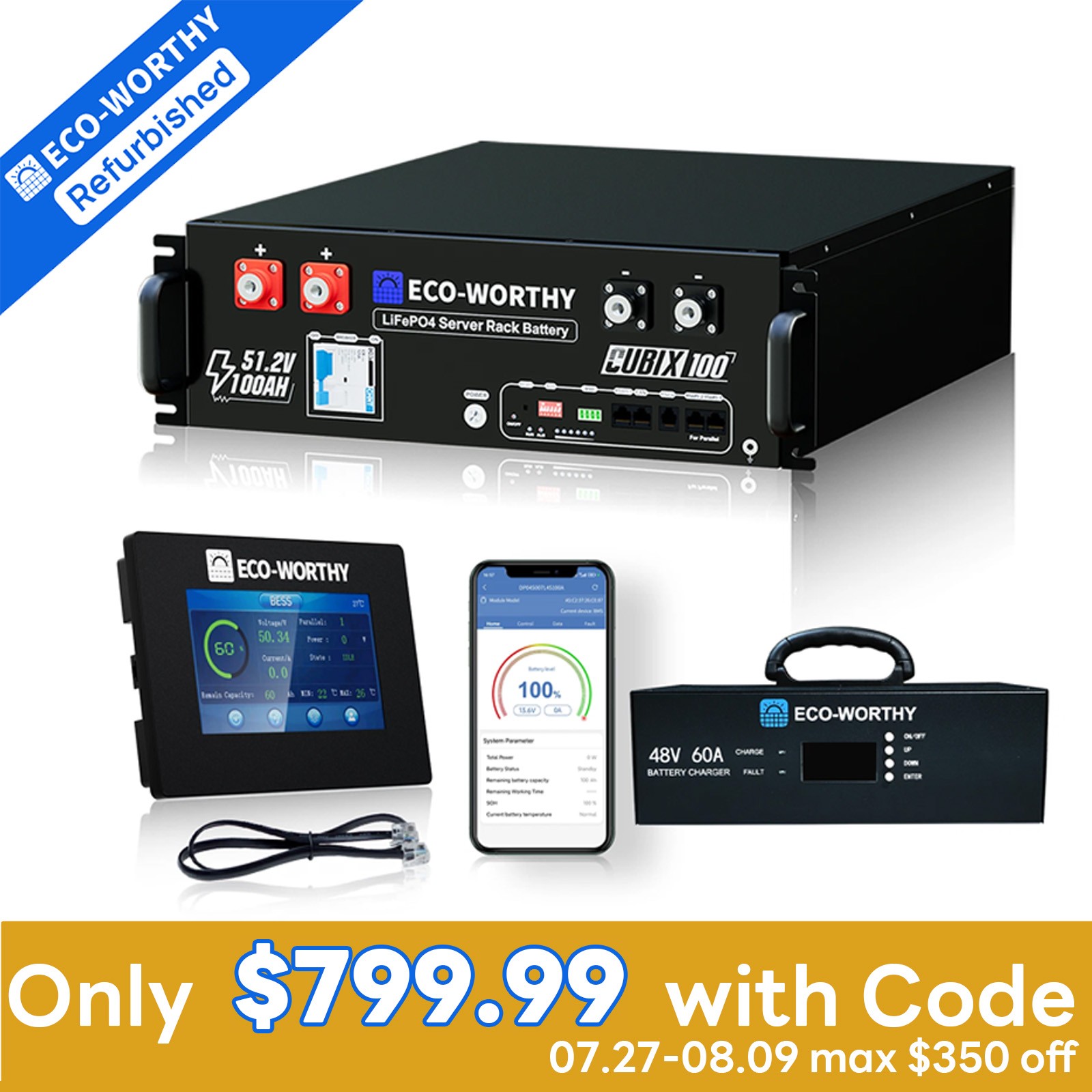 ECO-WORTHY 48V 100AH Lithium Battery UL9540A+ 48V 60A Charger+Battery  Monitor