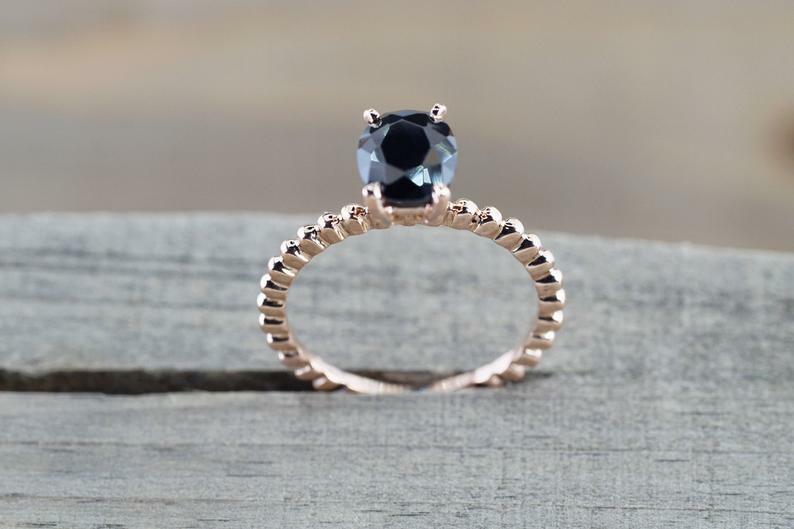 1.05ct Simulated Black Simulated Diamond Ring Beaded Solitaire Rose Gold Plated