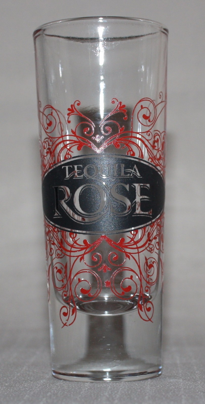 Tequila Rose Shot Glass Red Floral Scroll Pattern 4 1/8" Tall