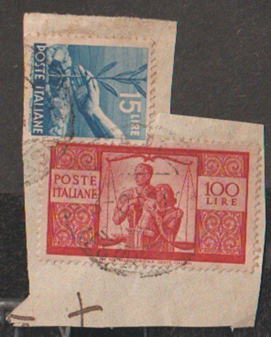 JN Italy 1945-47 #473A #477 15c & 100ore used on piece