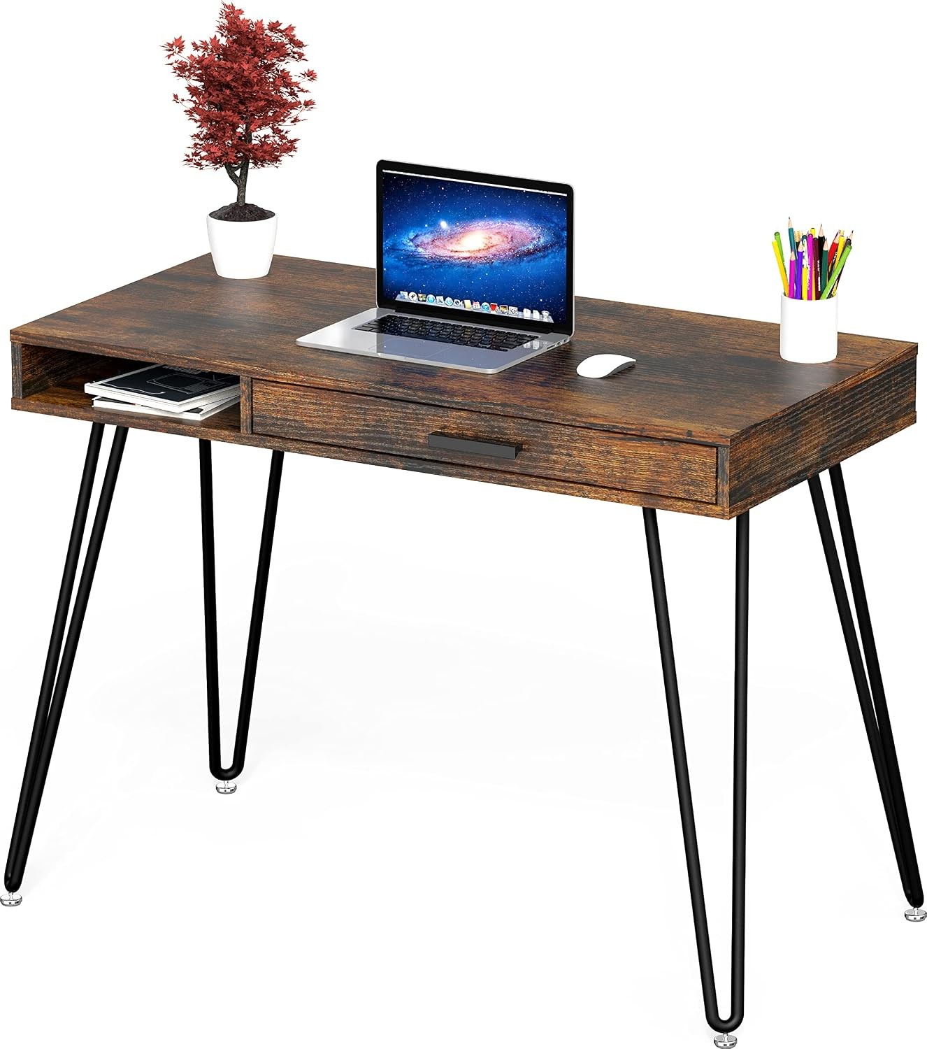 Home Office Computer Hairpin Leg Desk with Drawer Rustic Brown