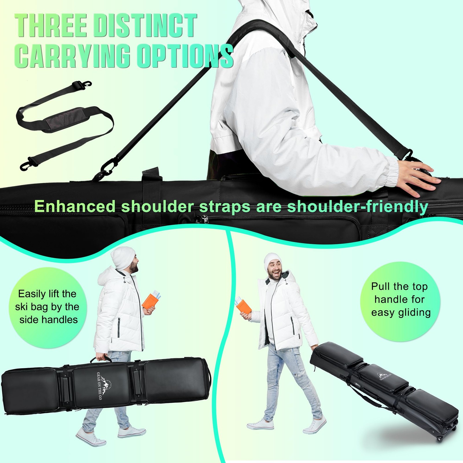 Double Rolling Ski Bag Padded Waterproof Snowboard with 175cm, Black