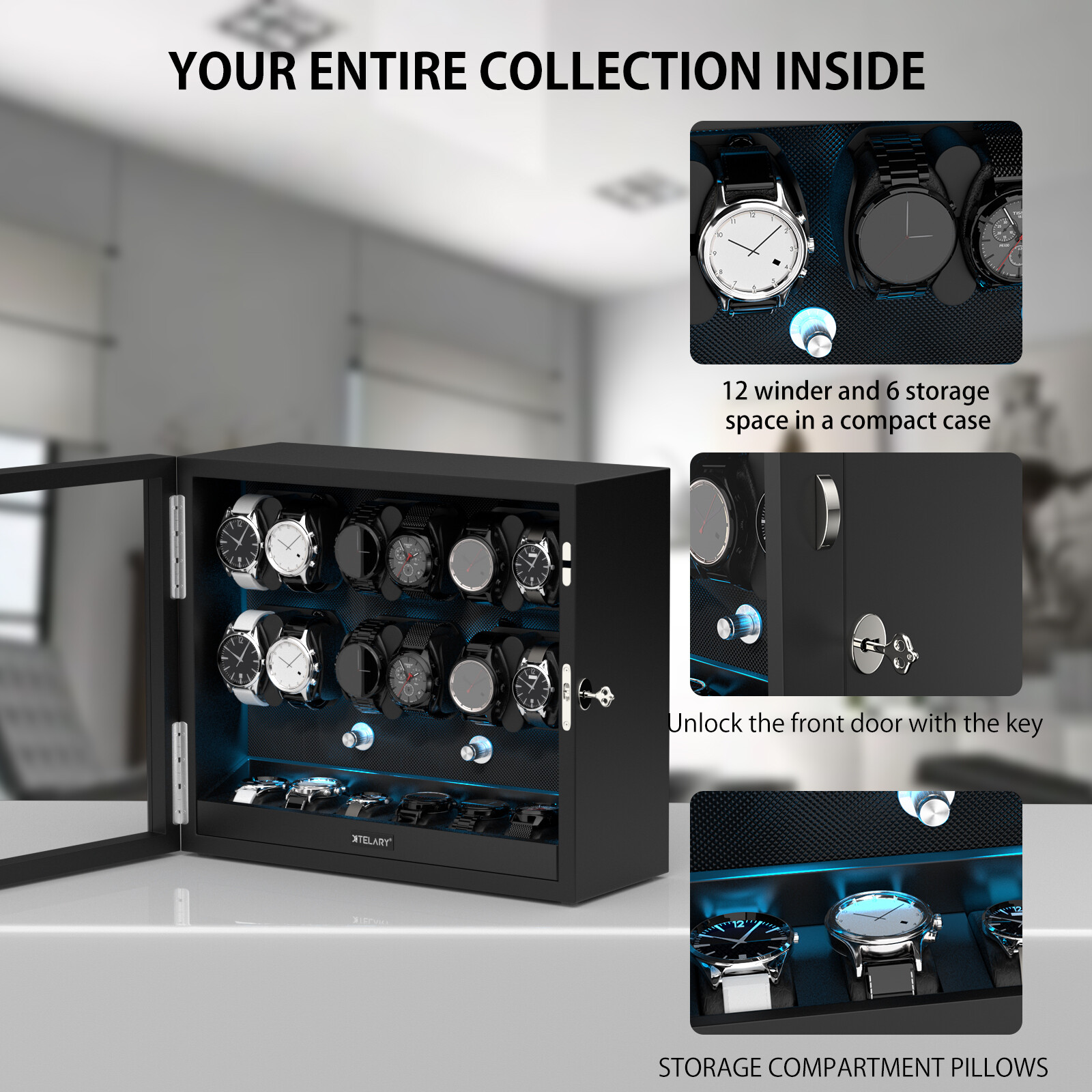 Automatic 12 Watch Winder Box With 6 Extra Storage Box With Mabuchi Motors LED
