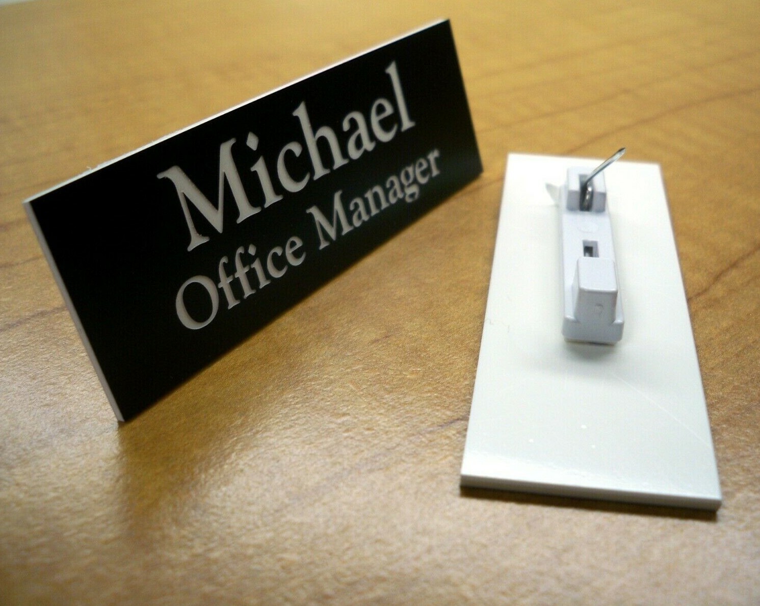 Custom Engraved 1x3 Black Name Tag | Badge w/ Pin Clip Attachment Employee ID