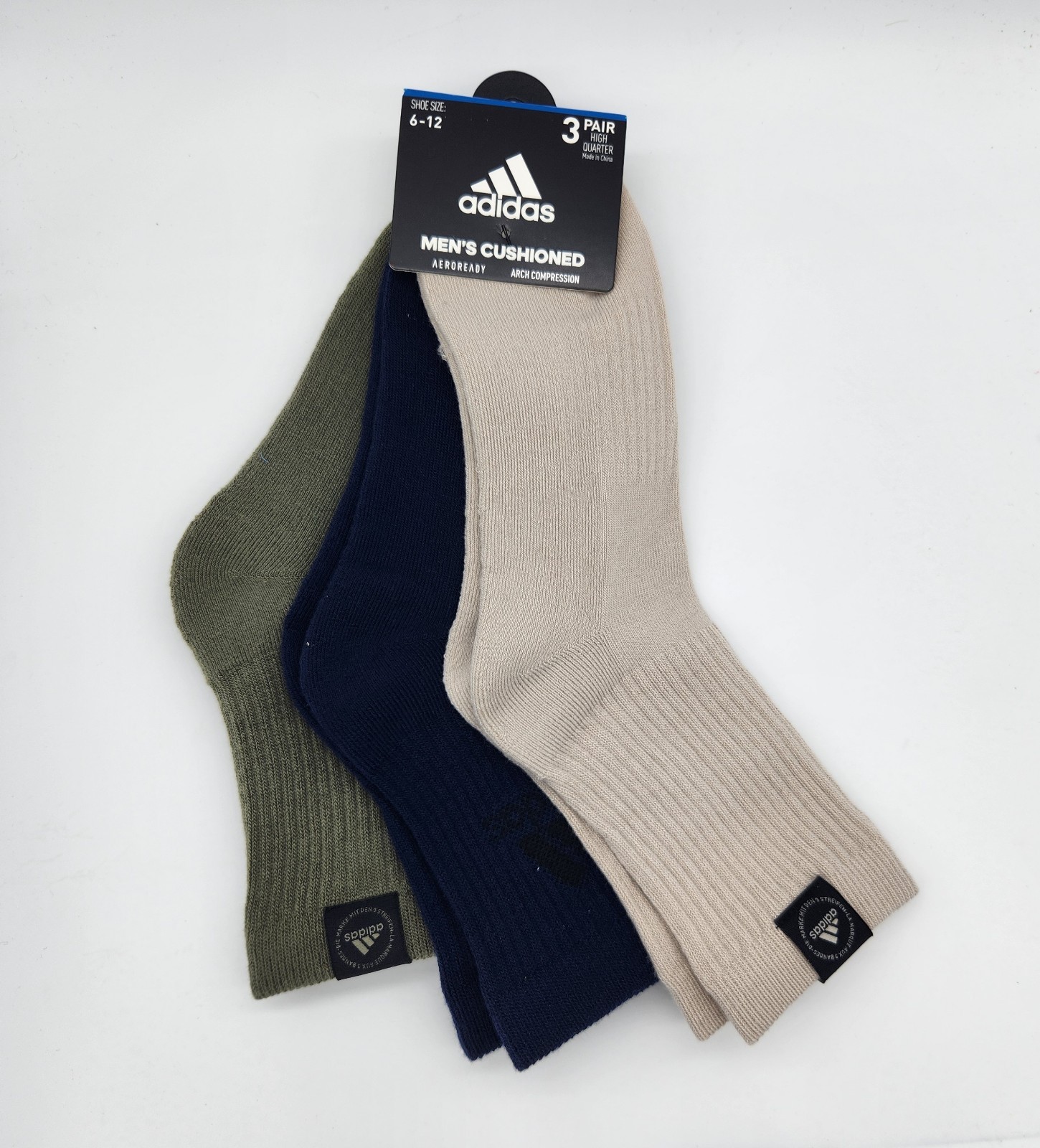 3 Pair Adidas High Quarter Socks, Men's Shoe 6-12, Neutral, Tan Green Blue L35