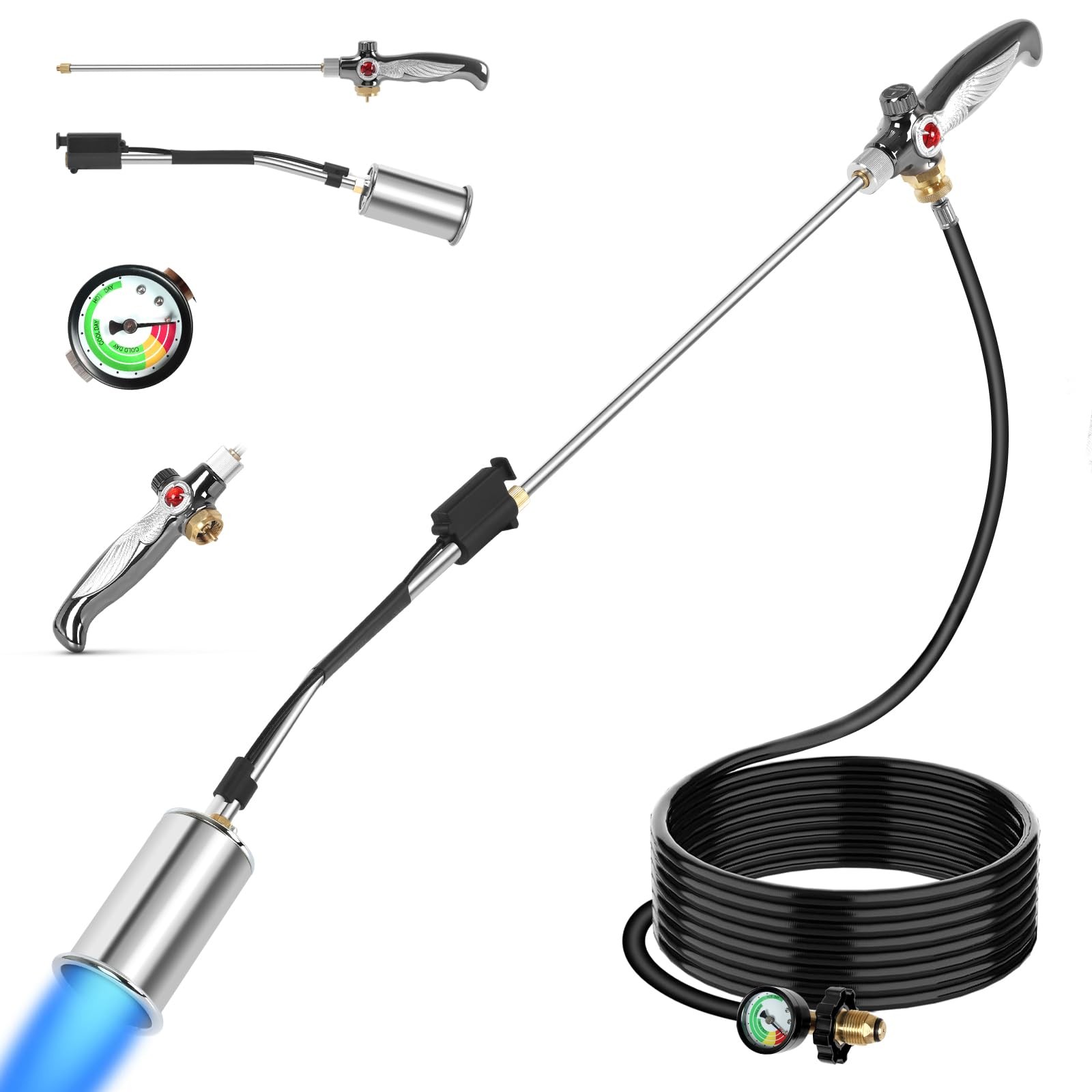Propane Torch Weed Burner with 10FT Hose Extended Blow Silver & Red