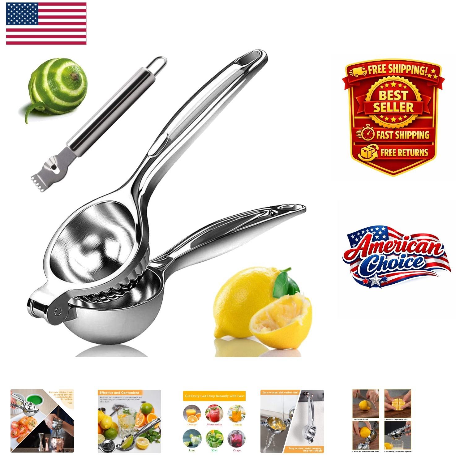 Manual Lemon Squeezer with Stainless Steel Zester - Effortless Citrus Extraction
