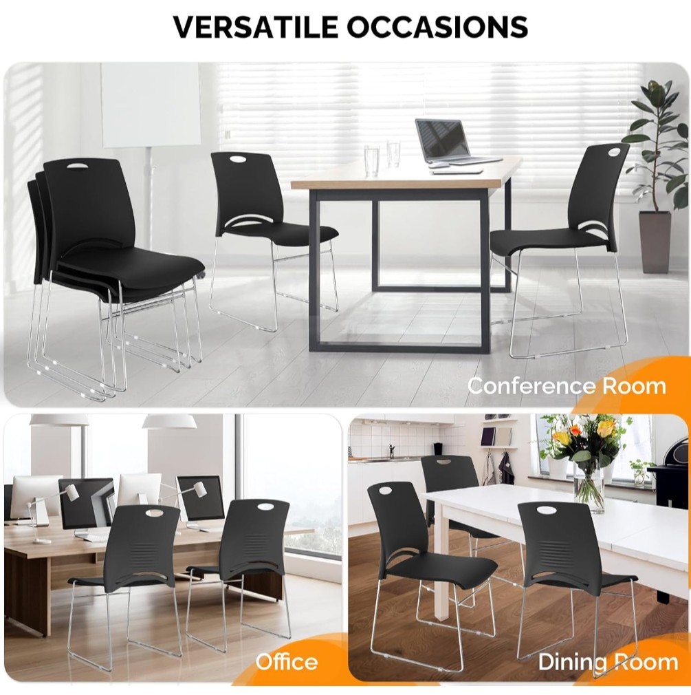 VINGLI Set Of 5 Stacking Chairs Stackable Office Chairs Metal Sled Base - Black