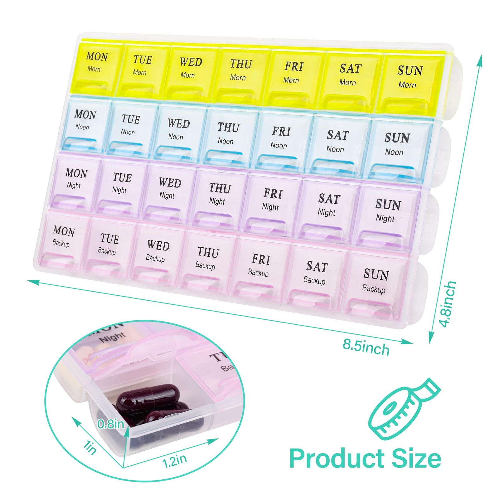 7-day weekly pill organizer, pillbox for 4 daily uses
