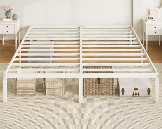 Size Bed Frame, 14 inch Metal Platform Beds with Storage Space, No King White