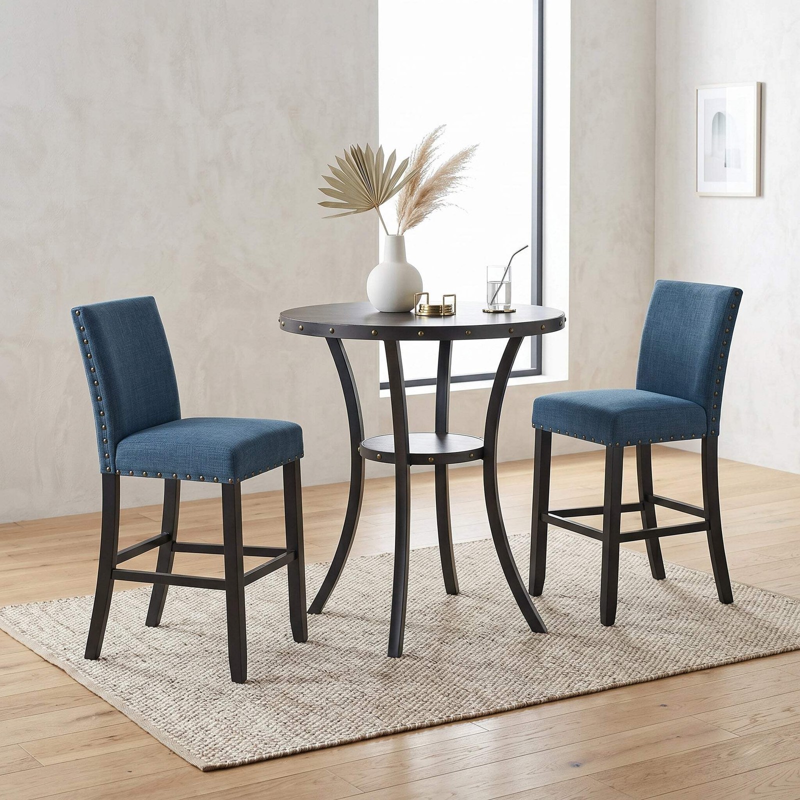 Biony 3-Piece 36" Round Espresso Finish Bar Table with 2 Blue Fabric Nail Head P