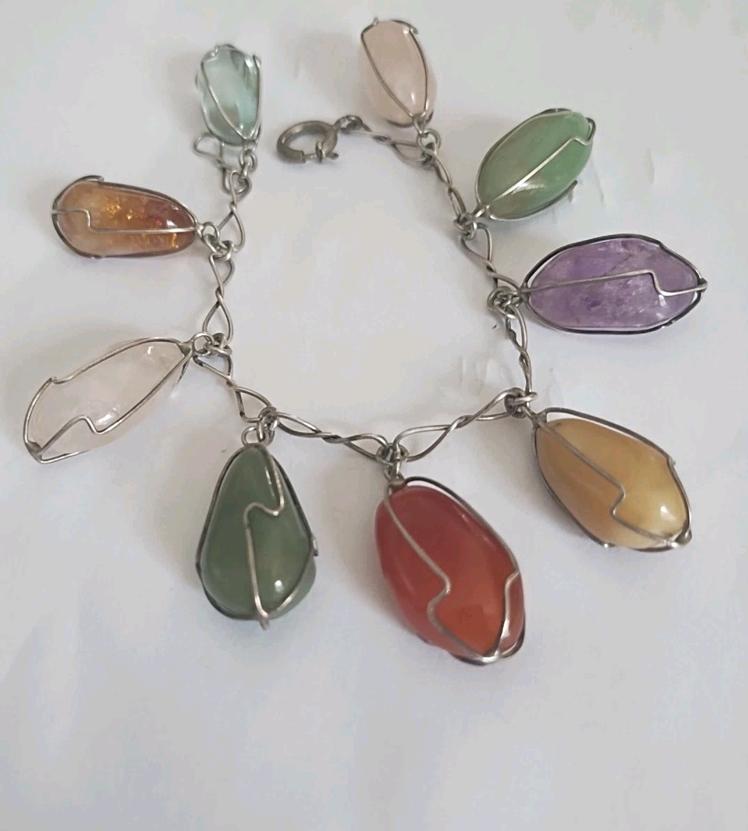 Hand Wrapped Gemstone Bracelet Seven inches Nine Gemstones Quartz Amber Anithyst