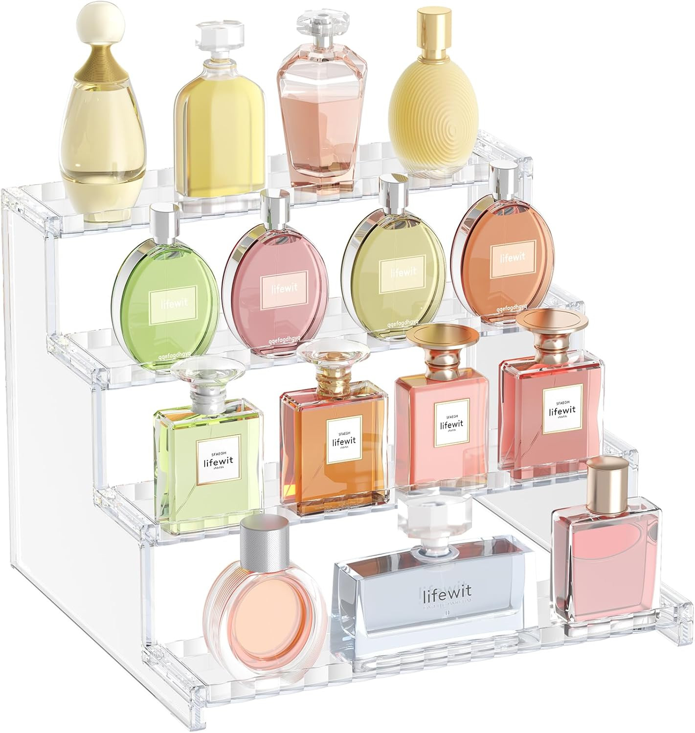 4 Tier Clear Display Riser Stand with Decorative Secure Fences, Tool-Free Assemb