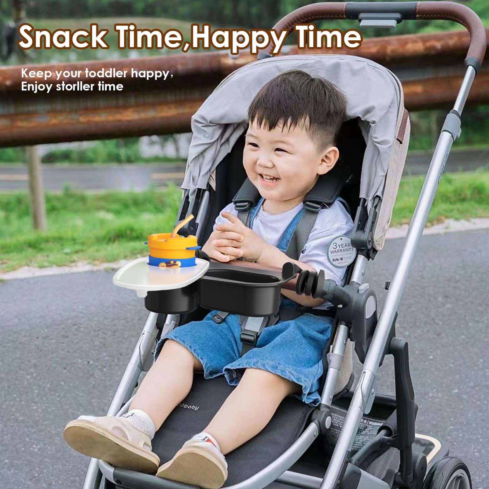 Universal Stroller Snack Tray & Cup Holder, Silicone Flexible Arms, Portable Fee