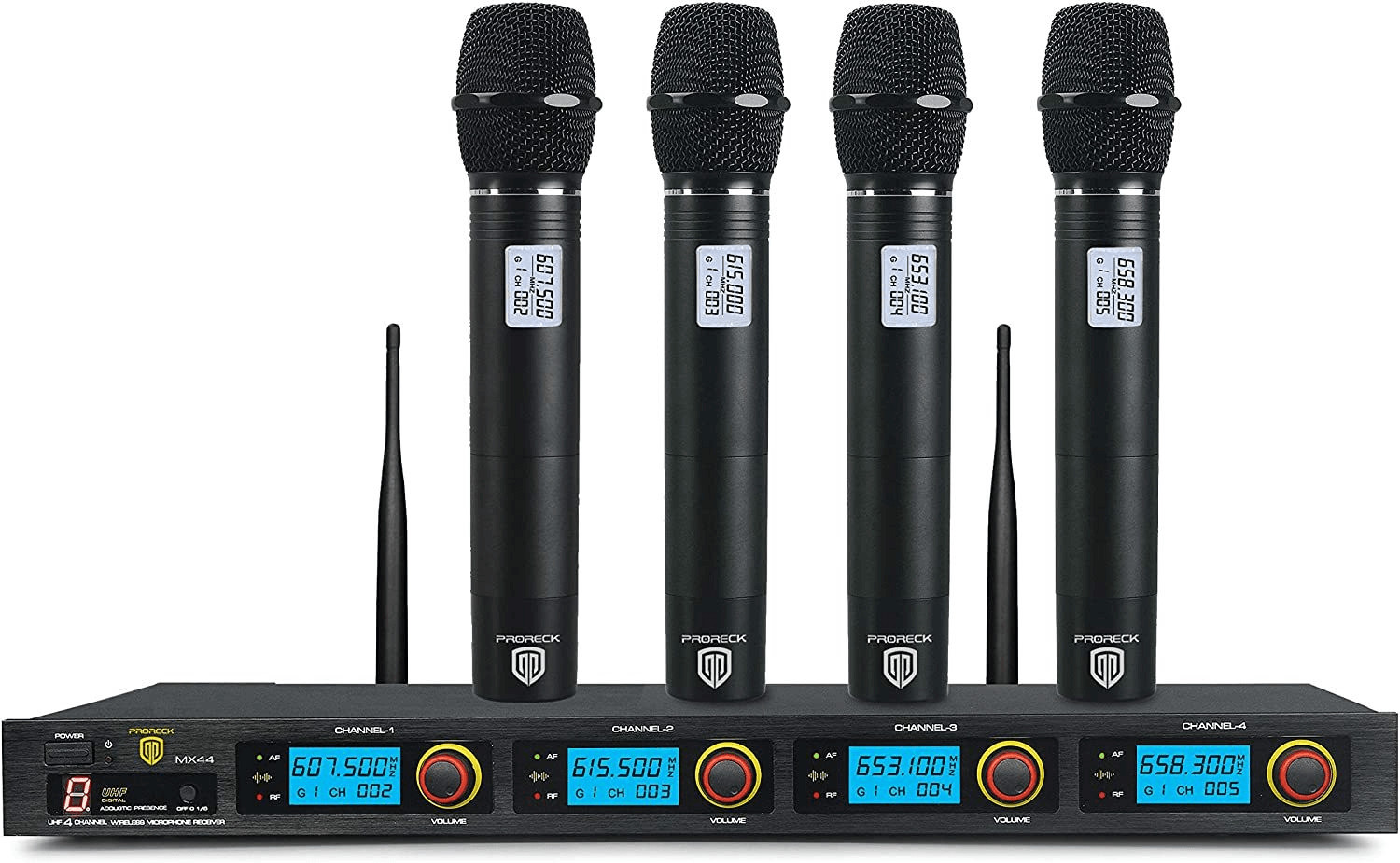 PRORECK MX44 4-Channel UHF Wireless Microphone System 4 Handheld Mics Karaoke