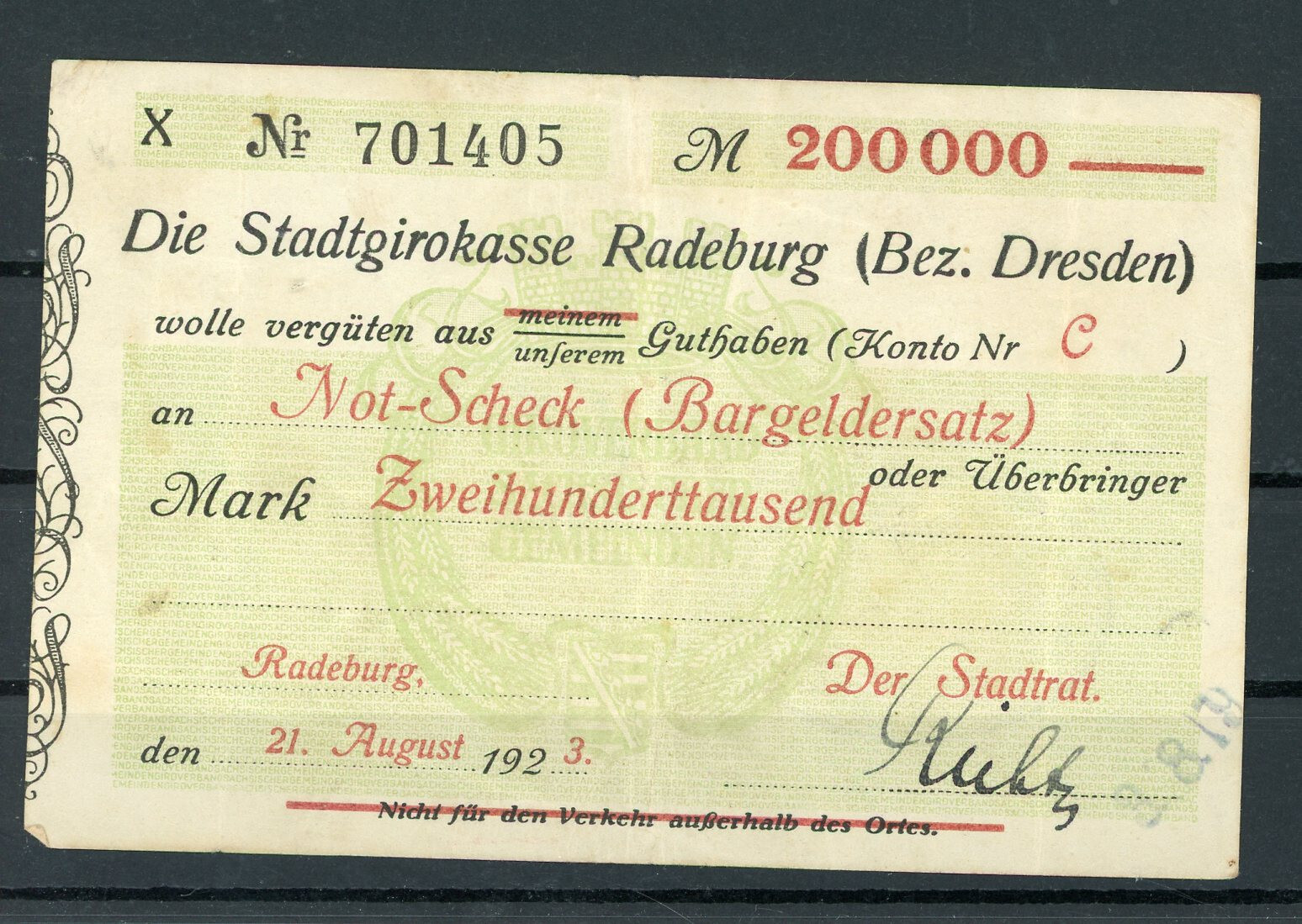 Radeburg 200,000 Mark Notgeld Banknote Sachsen Germany 2/20412