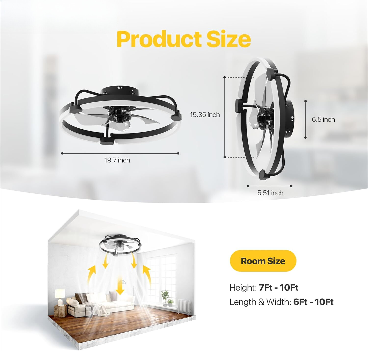 20'' Low Profile Ceiling Fan with Light and Remote Control, 6 Speed Black