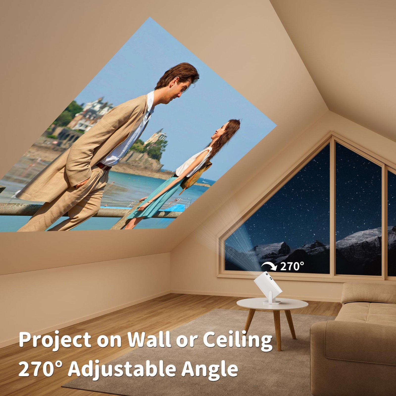 4K Mini Projector - Portable, Electric Focus, Keystone, Rotatable Stand, Short T