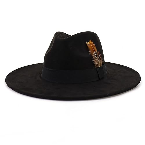 LIDHAY Big Wide Brim Fedora Hats for Women Men Western Suede Hat One Size Black