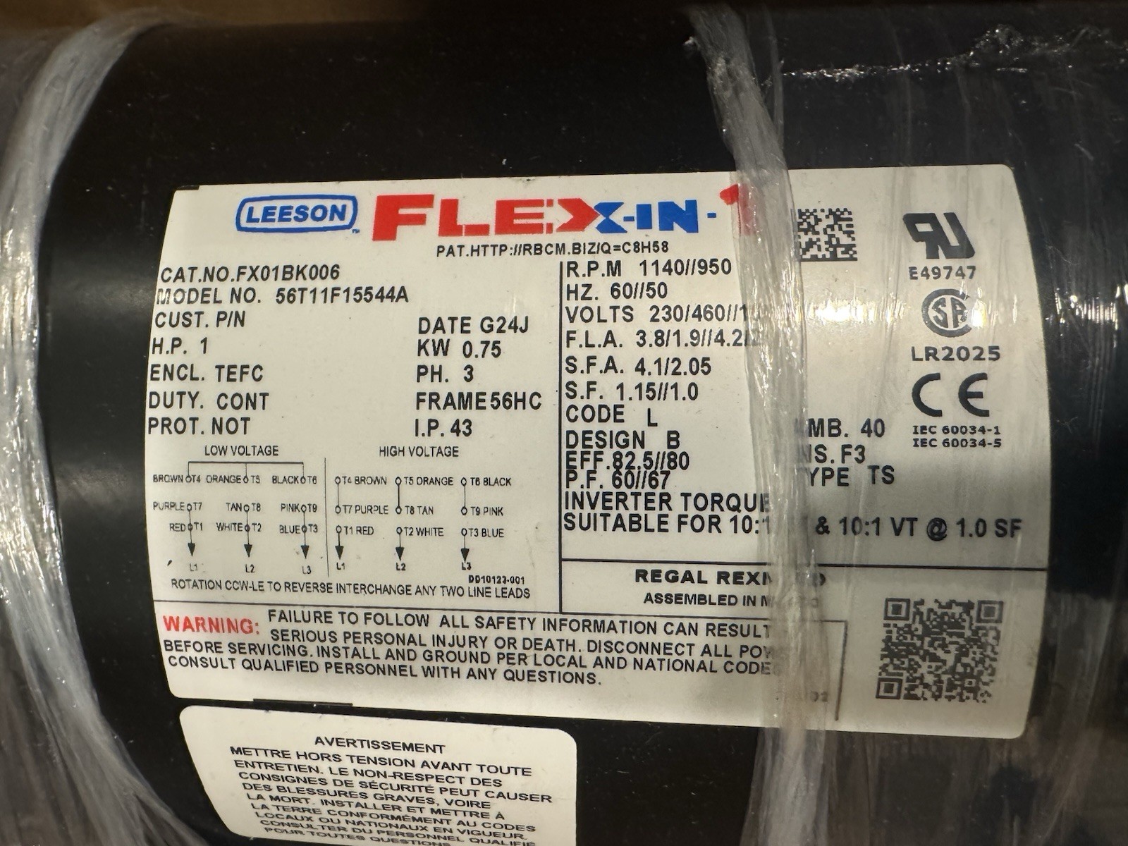 Leeson FX01BK006 Motor 1HP 1140/950 RPM 3PH NEW IN BOX! FREE SHIPPING!