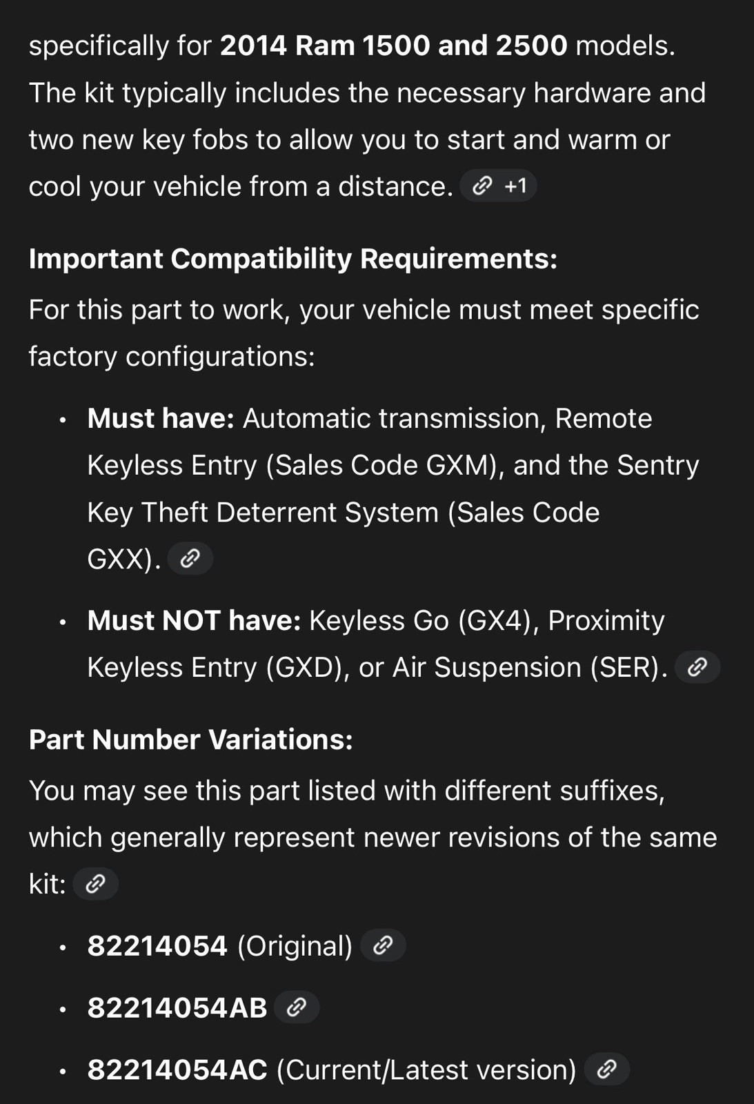 Remote Start Kit Mopar 2014 Ram 1500 2500 W/ 2 Keyfobs
