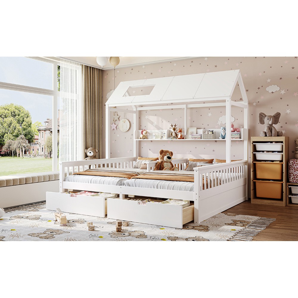 White Double Twin Platform Bed w/ Storage Shelves & Drawers