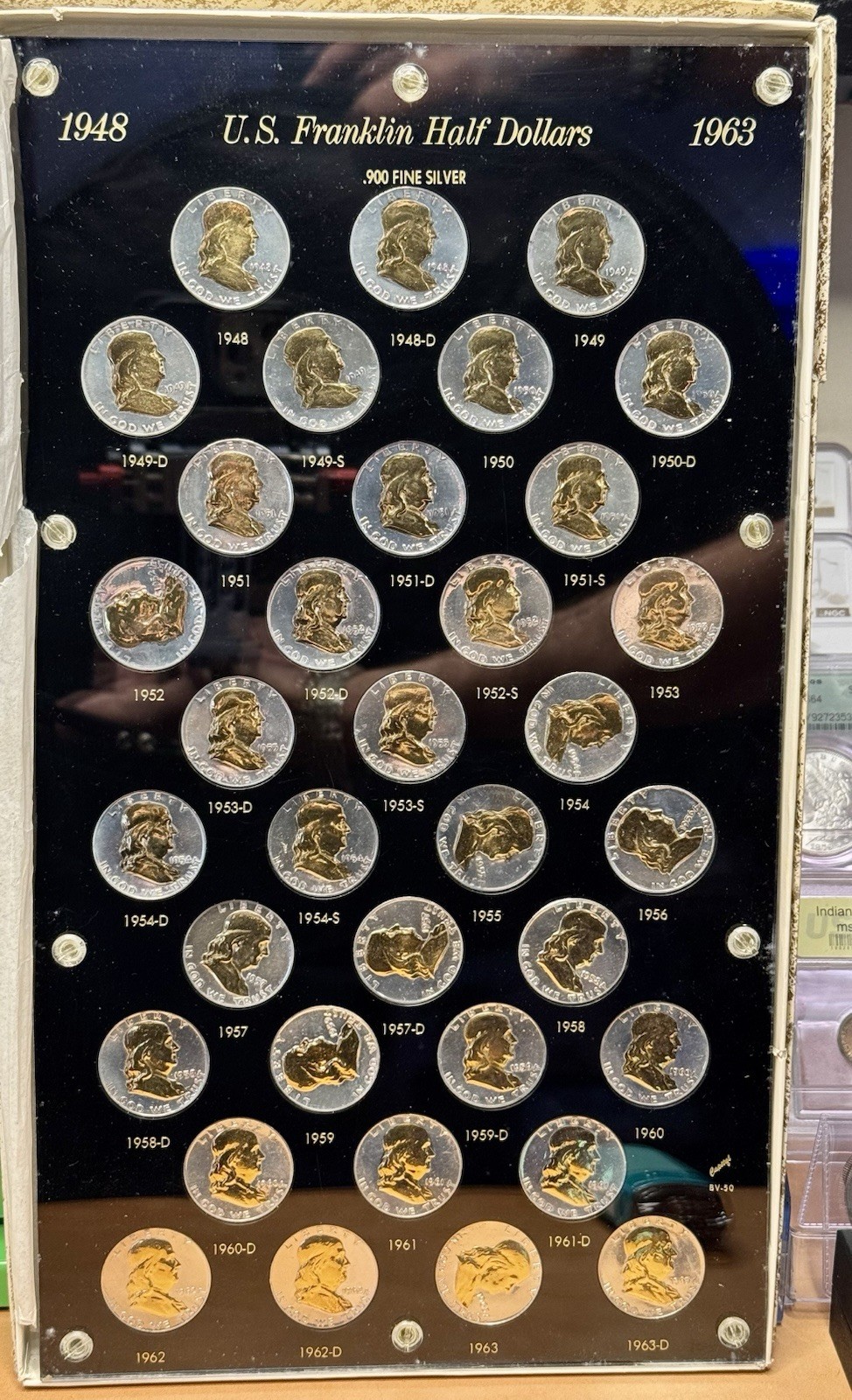 1948 To 1963 Gold Gilded Franklin Half Dollar Set In Capital Holder..35 Coins