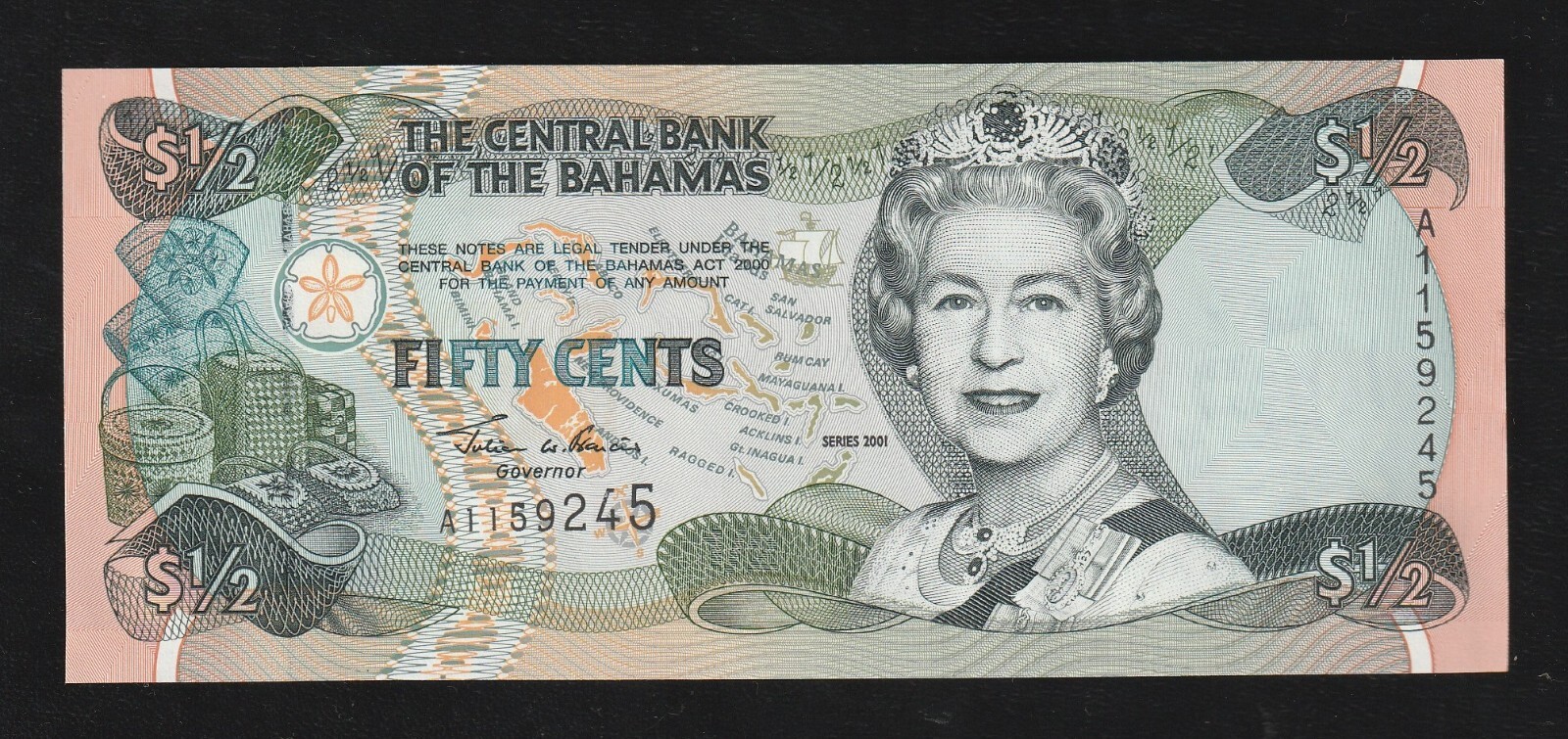 Bahamas, 1/2 Dollar ( 50 Cent), P-68, 2001, UNC Banknote, Queen Elizabeth II