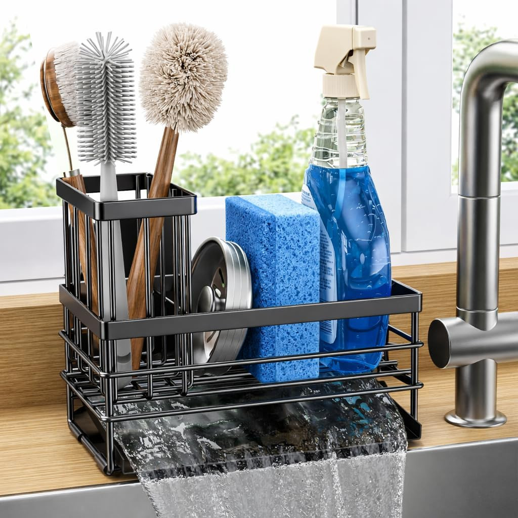 Sink Caddy Sponge Holder for Kitchen with Brush Holder and Stainless Steel Self