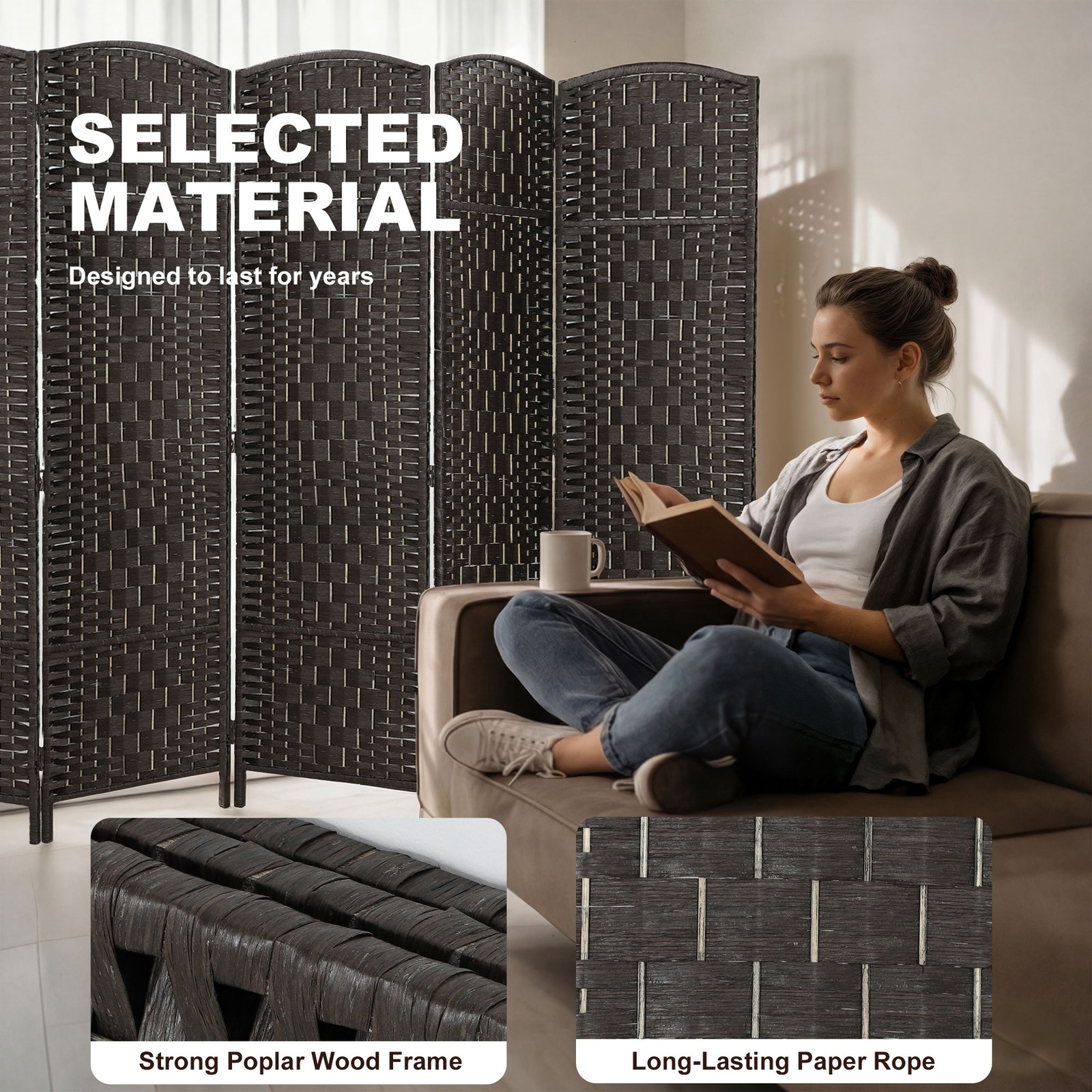 6 Panel Folding Privacy Screen, 6FT Partition Wall Divider, Coffee