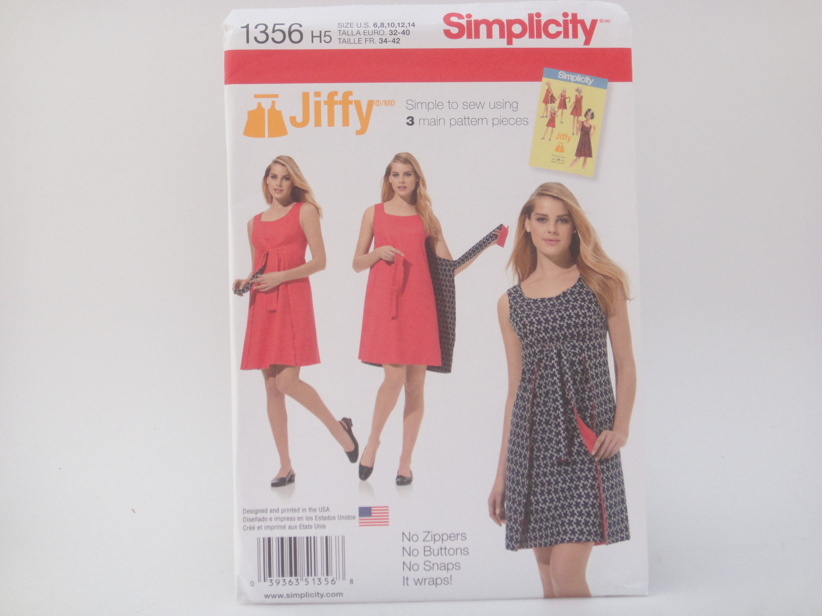 Simplicity 1356, Jiffy 3 Main Pattern Pieces Reversible Wrap Dress Retro Pattern