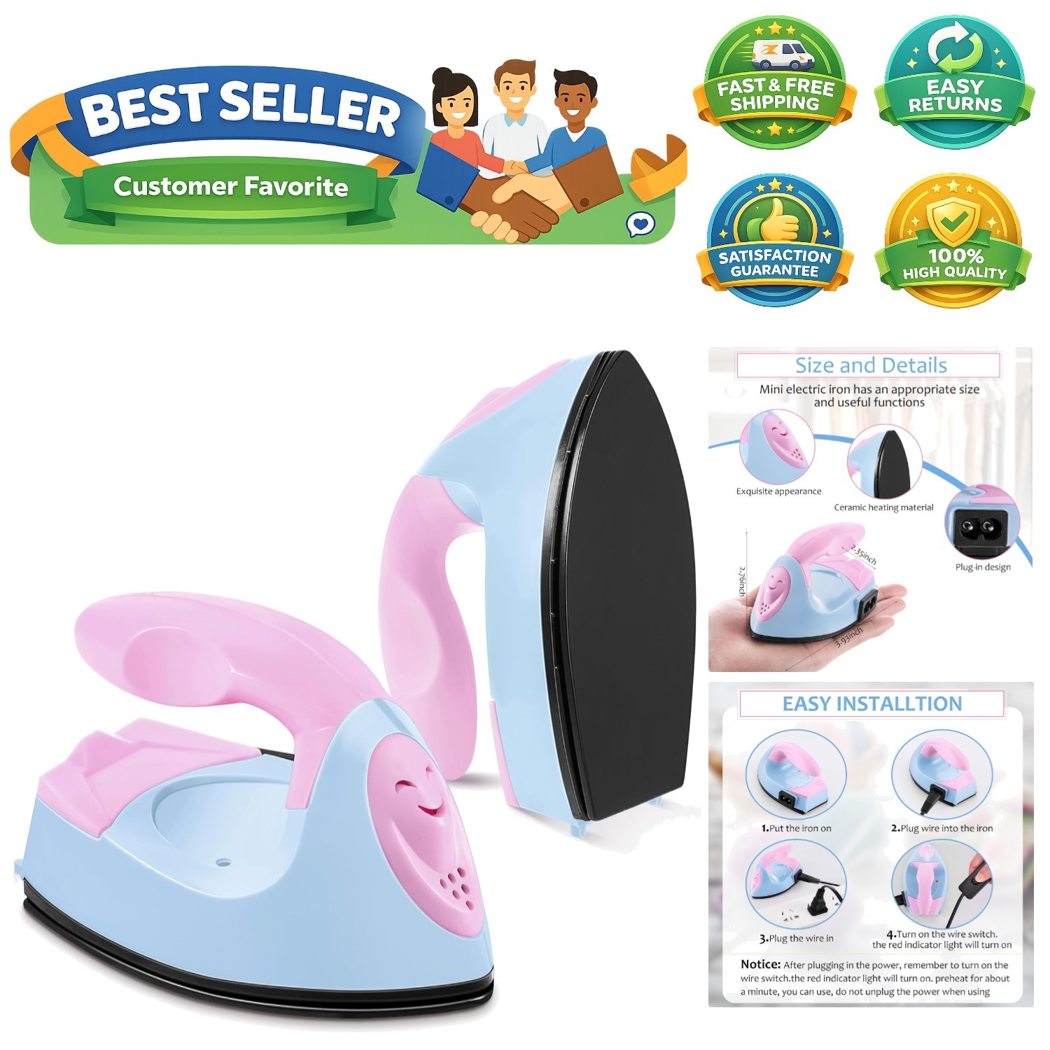 Quick Heat Mini Craft Iron - 170°C Portable Iron for Small Fabric Projects