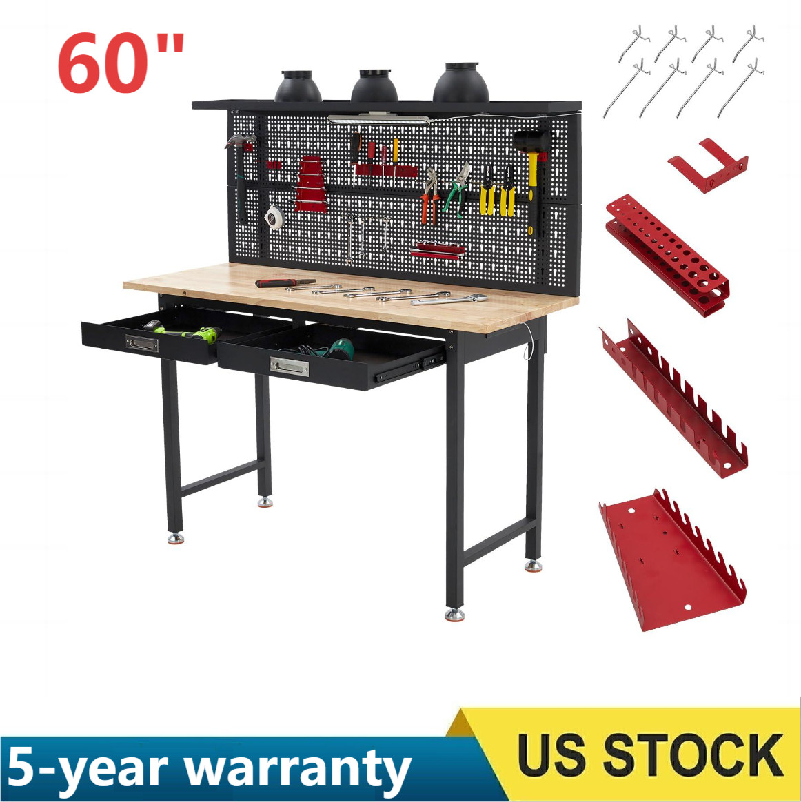 60" Heavy Duty Workbench w/Storage Drawers & Pegboard, 2000Lbs Garage Work Bench