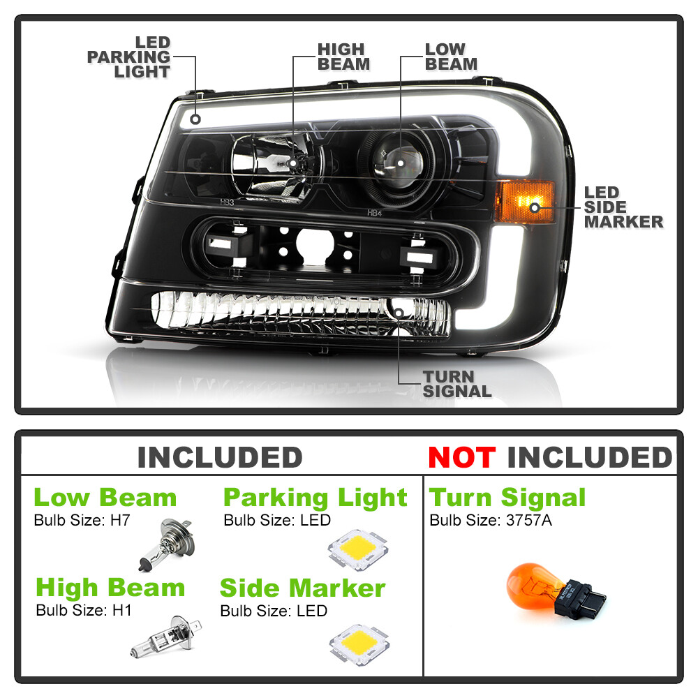 2002-2009 Chevy Trailblazer Black LED Tube Projector Headlights Pair Left+Right