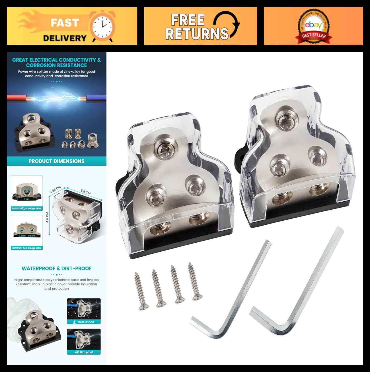2PCS 2-Way Power Distribution Block, 0/2/4 Gauge Input, 4/8 Gauge Output for Car