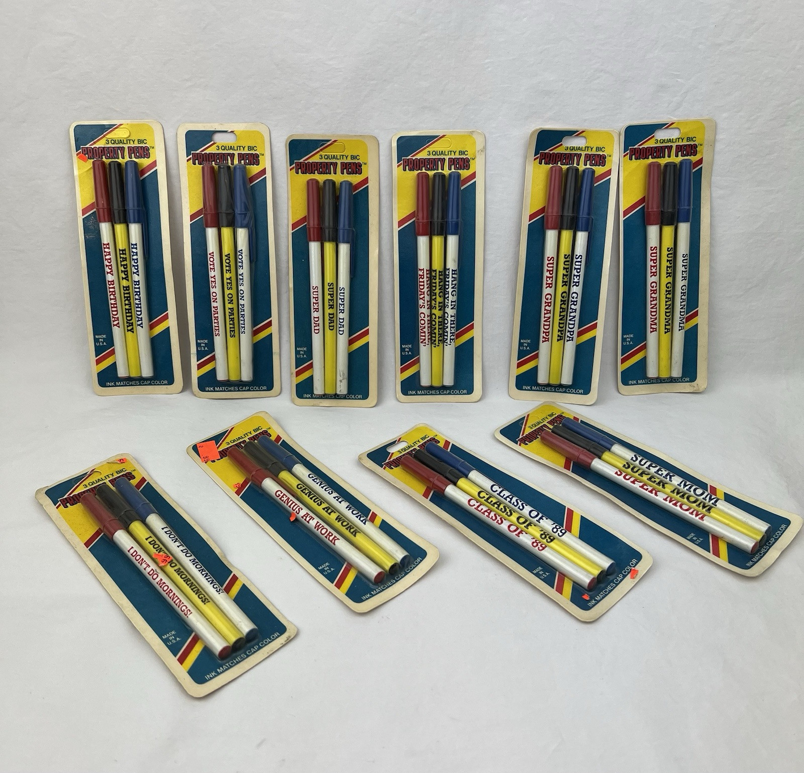 Vintage 1987 Novelty Property Pens Super Mom Dad Party Friday Bic Ink Pens NOS