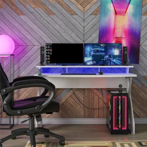 Computer desk E-sports table, with vertical pipe, white, with light