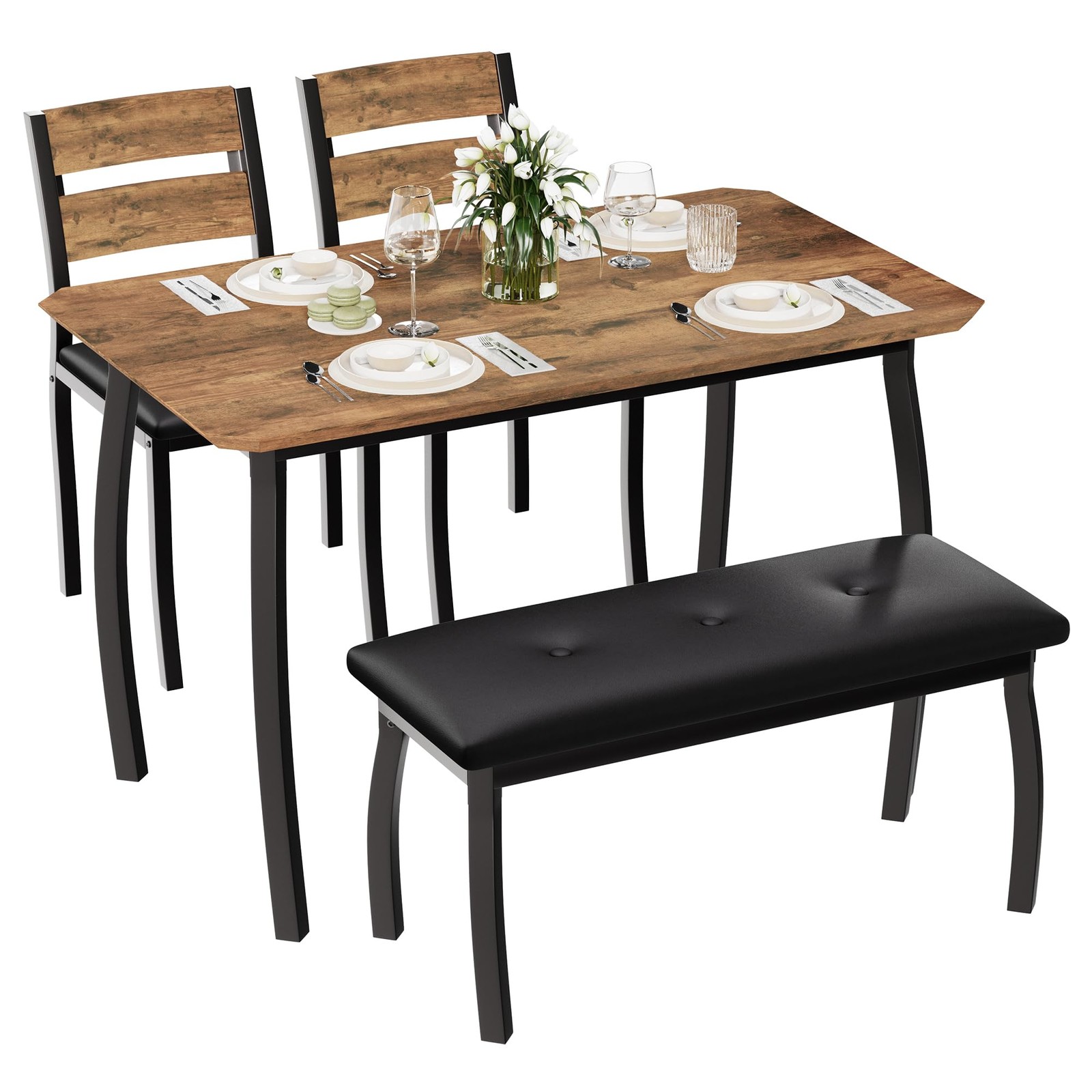 4 Piece Dining Table Set Kitchen Table Space Saving Table, Bench And 2 Chairs