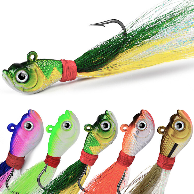 Lot 5pcs Bucktail Jigs Head Fishing Lure Striper Fluke Bass Trout Bait Saltwater