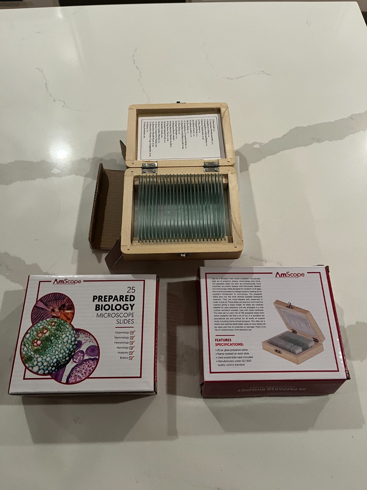 Biology 25 Glass Prepared Microscope Slides w/ case - AmScope - 3 boxes - NEW