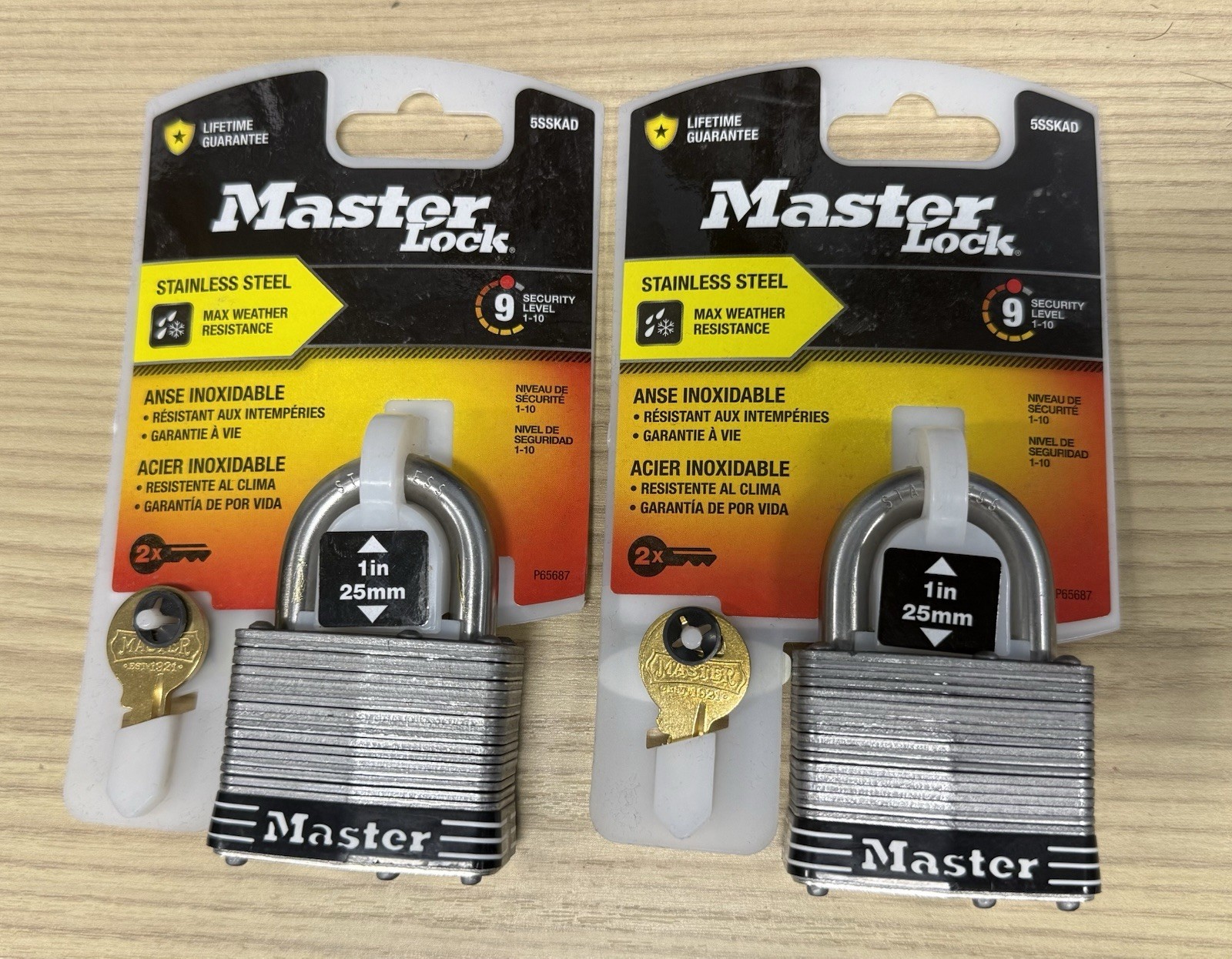 Lot of 2 Master Lock 5SSKAD Keyed Padlock 1" 25mm Stainless Steel-Security Lvl 9