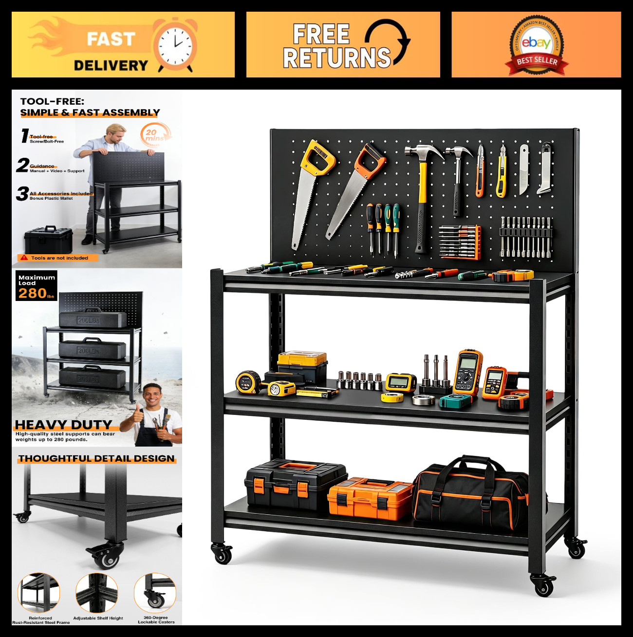 52" Mobile Garage Workbench with Lockable Wheels & Pegboard | Heavy Duty Tool Ta