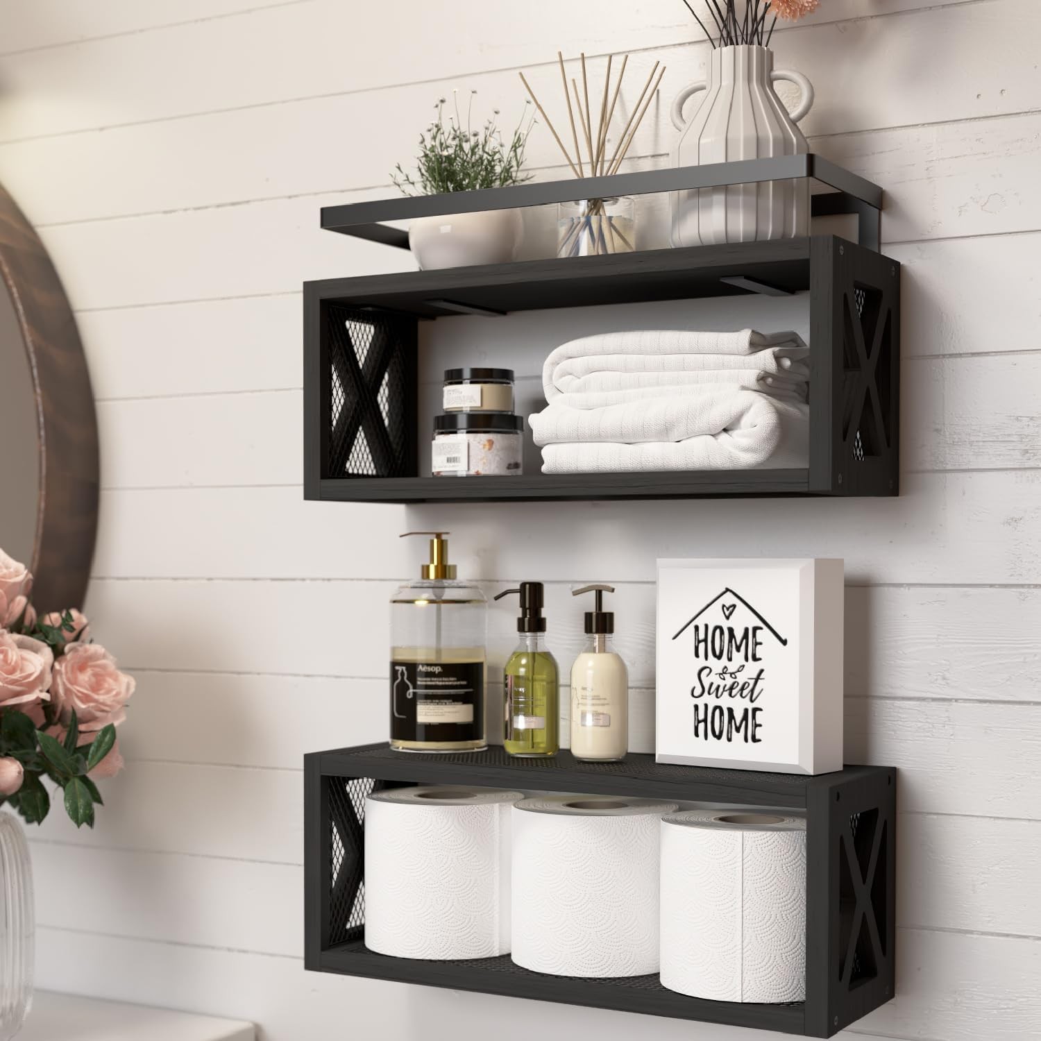 Floating Shelves with Guardrail, Rustic Wood for Wall Décor, Farmhouse Bathro...