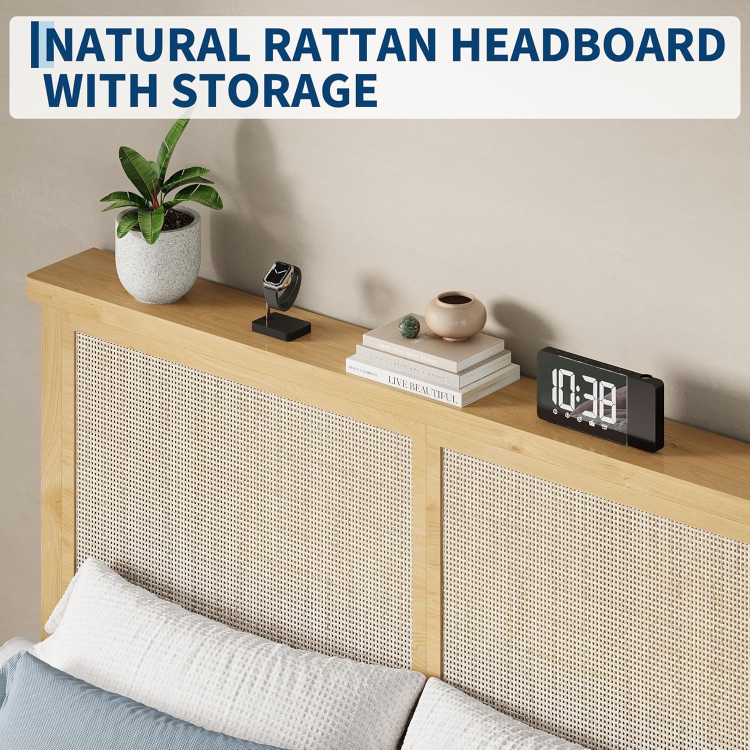 King Size Rattan Bed Frame,with LED Light & Natural Headboard,Easy Assembly NEW