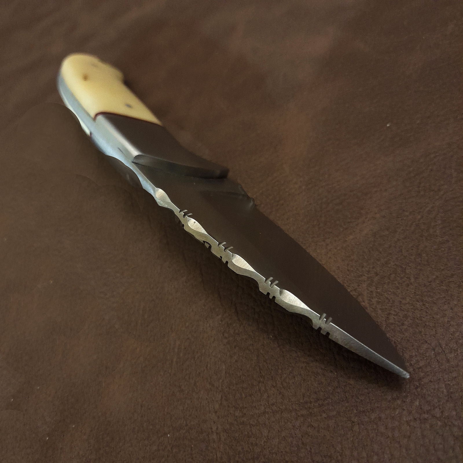 7" Real Bone Handle Fileworked Skinner Knife w/Leather Sheath