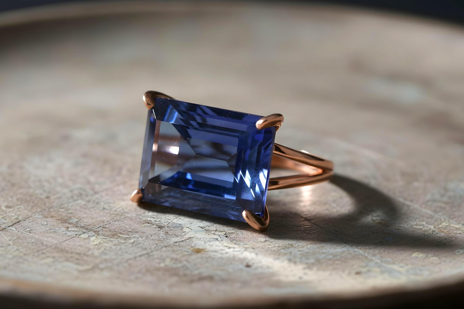 Silver Sapphire Ring Anemone Jewelry Rectangle Emerald Cut Blue Gem